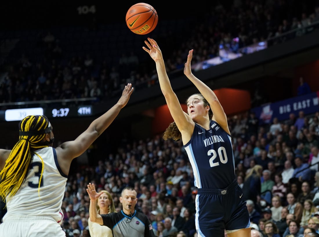 Mar 6, 2023; Uncasville, CT, USA; Villanova Wildcats forward Maddy Siegrist (20) shoots against UConn Huskies forward Aaliyah Edwards (3) in the second half at Mohegan Sun Arena. Mandatory Credit: David Butler II-USA TODAY Sports