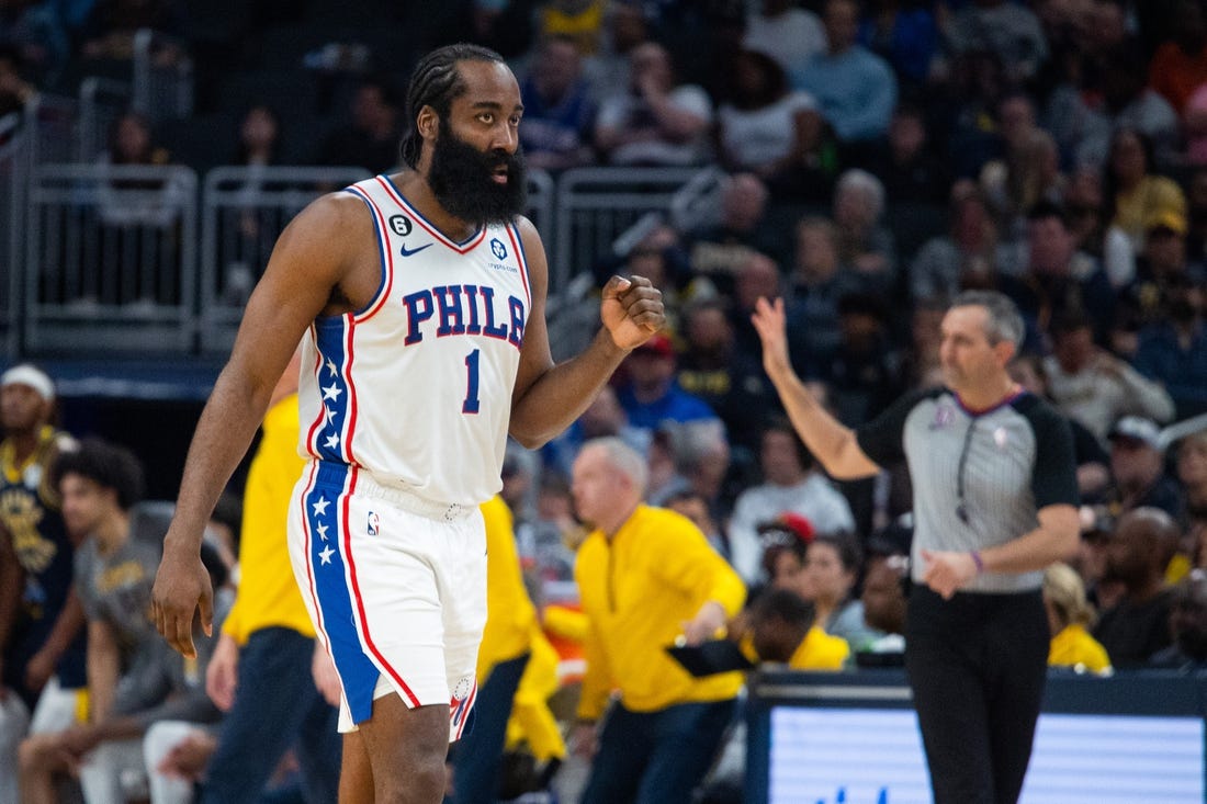 Mar 6, 2023; Indianapolis, Indiana, USA; Philadelphia 76ers guard James Harden (1) in the second half against the Indiana Pacers at Gainbridge Fieldhouse. Mandatory Credit: Trevor Ruszkowski-USA TODAY Sports