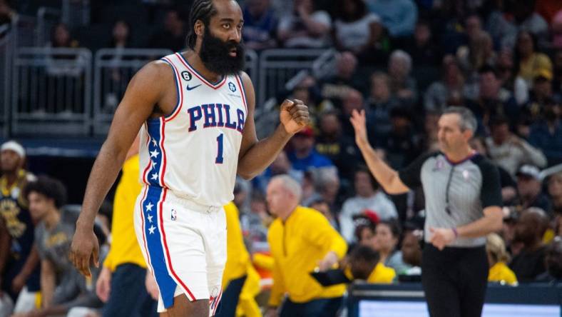 Mar 6, 2023; Indianapolis, Indiana, USA; Philadelphia 76ers guard James Harden (1) in the second half against the Indiana Pacers at Gainbridge Fieldhouse. Mandatory Credit: Trevor Ruszkowski-USA TODAY Sports