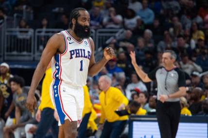 Mar 6, 2023; Indianapolis, Indiana, USA; Philadelphia 76ers guard James Harden (1) in the second half against the Indiana Pacers at Gainbridge Fieldhouse. Mandatory Credit: Trevor Ruszkowski-USA TODAY Sports