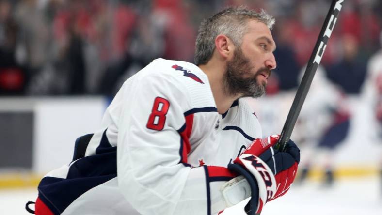 Mar 6, 2023; Los Angeles, California, USA; Washington Capitals left wing Alex Ovechkin (8) warms up before the game against the Los Angeles Kings at Crypto.com Arena. Mandatory Credit: Kiyoshi Mio-USA TODAY Sports