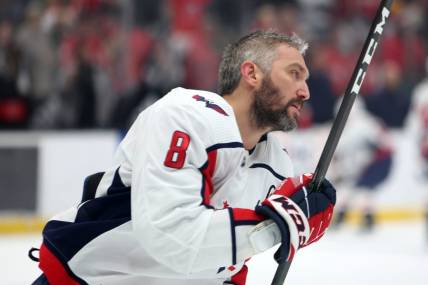 Mar 6, 2023; Los Angeles, California, USA; Washington Capitals left wing Alex Ovechkin (8) warms up before the game against the Los Angeles Kings at Crypto.com Arena. Mandatory Credit: Kiyoshi Mio-USA TODAY Sports