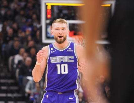 Mar 6, 2023; Sacramento, California, USA; Sacramento Kings power forward Domantas Sabonis (10) questions the no-call from the referee during the first quarter anop at Golden 1 Center. Mandatory Credit: Kelley L Cox-USA TODAY Sports