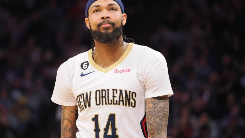 Mar 6, 2023; Sacramento, California, USA; New Orleans Pelicans small forward Brandon Ingram (14) walks to the bench as a time out is called against the Sacramento Kings during the third quarter at Golden 1 Center. Mandatory Credit: Kelley L Cox-USA TODAY Sports