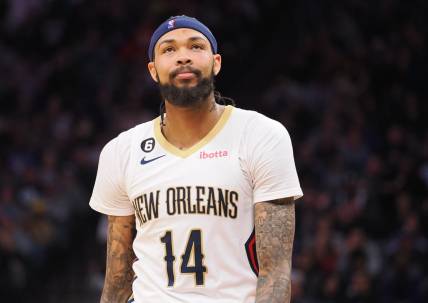 Mar 6, 2023; Sacramento, California, USA; New Orleans Pelicans small forward Brandon Ingram (14) walks to the bench as a time out is called against the Sacramento Kings during the third quarter at Golden 1 Center. Mandatory Credit: Kelley L Cox-USA TODAY Sports
