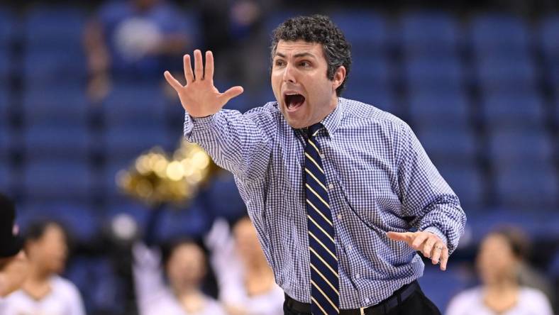 Mar 7, 2023; Greensboro, NC, USA; Georgia Tech Yellow Jackets head coach Josh Pastner reacts in the second half of the first round of the ACC Tournament at Greensboro Coliseum. Mandatory Credit: Bob Donnan-USA TODAY Sports