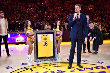 Mar 7, 2023; Los Angeles, California, USA; Former Los Angeles Lakers player Pau Gasol speaks as his number is retired during halftime at Crypto.com Arena. Mandatory Credit: Gary A. Vasquez-USA TODAY Sports