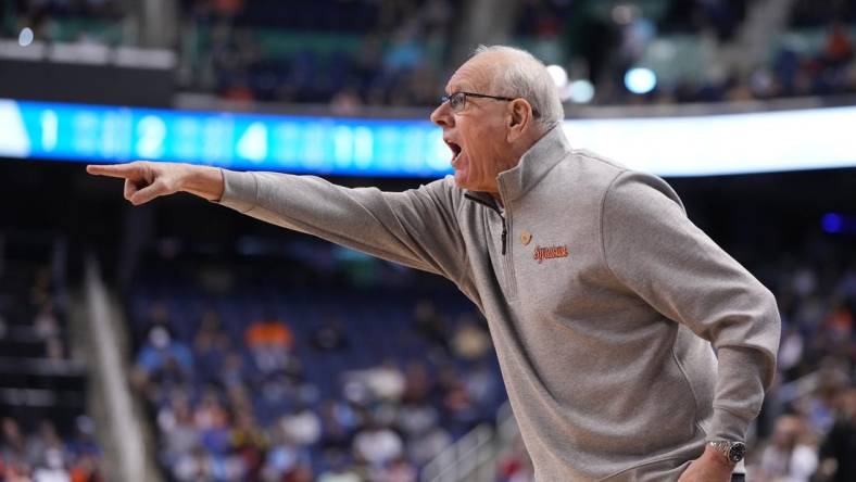 Mar 8, 2023; Greensboro, NC, USA; Syracuse Orange head coach Jim Boeheim reacts in the first half of the second round at Greensboro Coliseum. Mandatory Credit: Bob Donnan-USA TODAY Sports