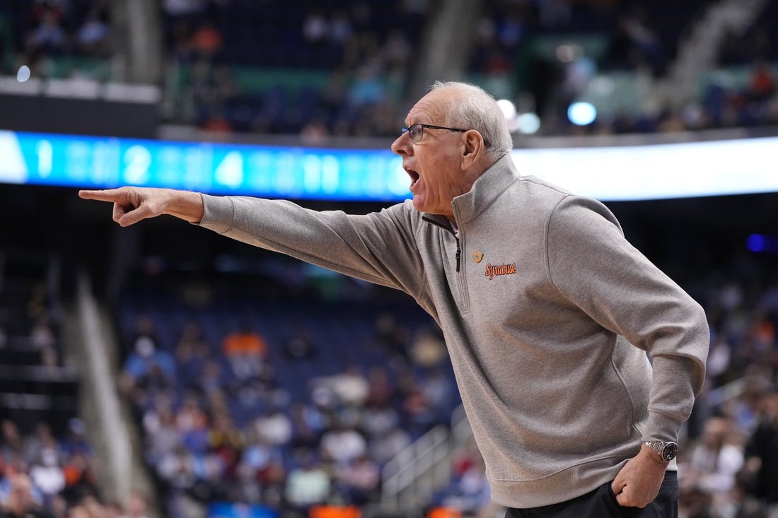 Mar 8, 2023; Greensboro, NC, USA; Syracuse Orange head coach Jim Boeheim reacts in the first half of the second round at Greensboro Coliseum. Mandatory Credit: Bob Donnan-USA TODAY Sports