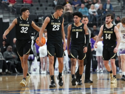 Mar 8, 2023; Las Vegas, NV, USA; Colorado Buffaloes guard Nique Clifford (32), Colorado Buffaloes forward Tristan da Silva (23), Colorado Buffaloes guard Julian Hammond III (1), and Colorado Buffaloes guard Ethan Wright (14) walk up court after a scoring play against the Washington Huskies during the second half at T-Mobile Arena. Mandatory Credit: Stephen R. Sylvanie-USA TODAY Sports