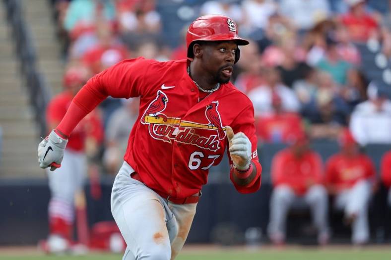 Mar 8, 2023; Tampa, Florida, USA;  St. Louis Cardinals left fielder Jordan Walker (67) hits a RBI single during the fifth inning  against the New York Yankees at George M. Steinbrenner Field. Mandatory Credit: Kim Klement-USA TODAY Sports