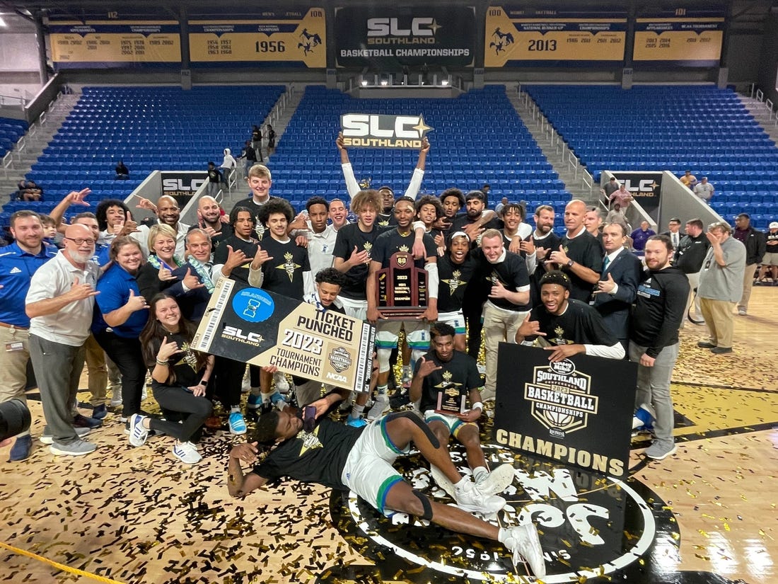 Texas A&M-Corpus Christi men's basketball players and coaches celebrate after winning the Southland Conference Tournament championship on Wednesday, March 8, 2023 in Lake Charles, La.

Img 1426