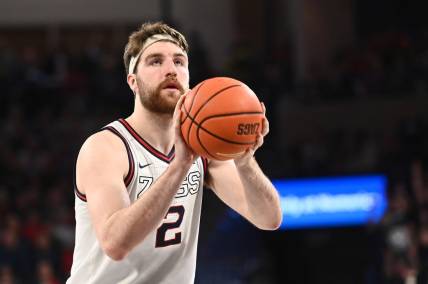 Feb 25, 2023; Spokane, Washington, USA; Gonzaga Bulldogs forward Drew Timme (2) shoots the ball against the St. Mary's Gaels in the second half at McCarthey Athletic Center. Mandatory Credit: James Snook-USA TODAY Sports