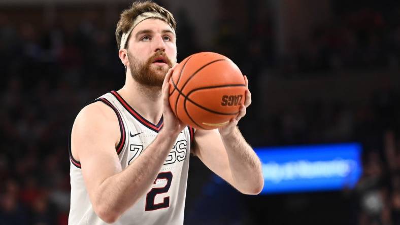 Feb 25, 2023; Spokane, Washington, USA; Gonzaga Bulldogs forward Drew Timme (2) shoots the ball against the St. Mary's Gaels in the second half at McCarthey Athletic Center. Mandatory Credit: James Snook-USA TODAY Sports