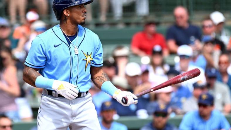 Feb 27, 2023; Sarasota, Florida, USA; Tampa Bay Rays shortstop Wander Franco (5) bats in the first inning of a spring training game against the Tampa Bay Rays at Ed Smith Stadium. Mandatory Credit: Jonathan Dyer-USA TODAY Sports