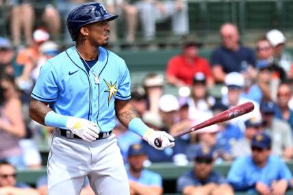 Feb 27, 2023; Sarasota, Florida, USA; Tampa Bay Rays shortstop Wander Franco (5) bats in the first inning of a spring training game against the Tampa Bay Rays at Ed Smith Stadium. Mandatory Credit: Jonathan Dyer-USA TODAY Sports