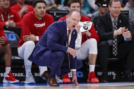 Mar 8, 2023; Chicago, IL, USA; Wisconsin Badgers head coach Greg Gard yells to his team during the second half of a game against the Ohio State Buckeyes at United Center. Mandatory Credit: Kamil Krzaczynski-USA TODAY Sports