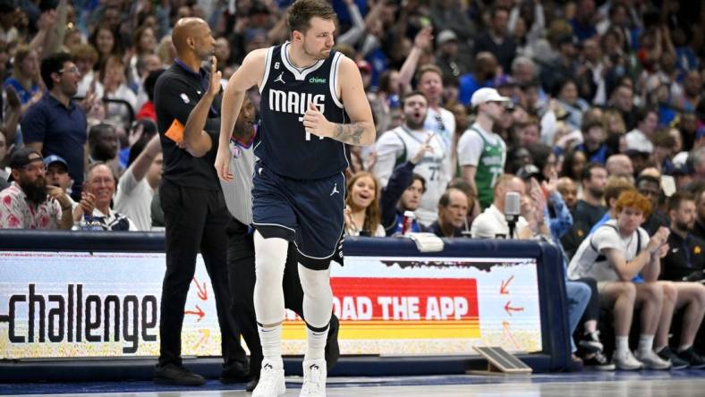 Mar 5, 2023; Dallas, Texas, USA; Dallas Mavericks guard Luka Doncic (77) in action during the game between the Dallas Mavericks and the Phoenix Suns at the American Airlines Center. Mandatory Credit: Jerome Miron-USA TODAY Sports