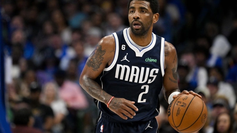 Mar 5, 2023; Dallas, Texas, USA; Dallas Mavericks guard Kyrie Irving (2) in action during the game between the Dallas Mavericks and the Phoenix Suns at the American Airlines Center. Mandatory Credit: Jerome Miron-USA TODAY Sports