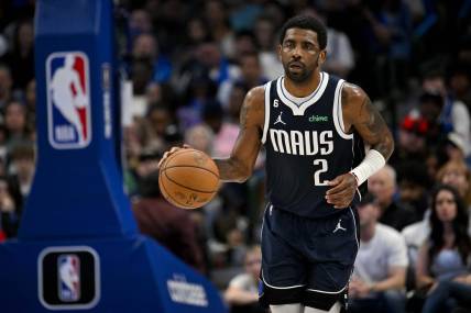 Mar 5, 2023; Dallas, Texas, USA; Dallas Mavericks guard Kyrie Irving (2) in action during the game between the Dallas Mavericks and the Phoenix Suns at the American Airlines Center. Mandatory Credit: Jerome Miron-USA TODAY Sports