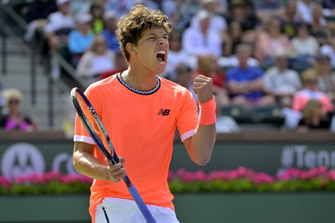 Mar 9, 2023; Indian Wells, CA, USA;  Ben Shelton (USA) reacts after winning the first set of his first round match against Fabio Fognini (not pictured) on day 4 of the BNP Paribas Open at the Indian Wells Tennis Garden. Mandatory Credit: Jayne Kamin-Oncea-USA TODAY Sports