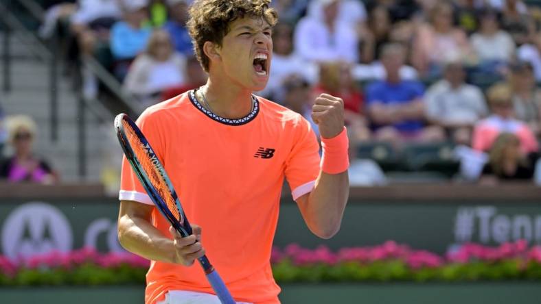 Mar 9, 2023; Indian Wells, CA, USA;  Ben Shelton (USA) reacts after winning the first set of his first round match against Fabio Fognini (not pictured) on day 4 of the BNP Paribas Open at the Indian Wells Tennis Garden. Mandatory Credit: Jayne Kamin-Oncea-USA TODAY Sports