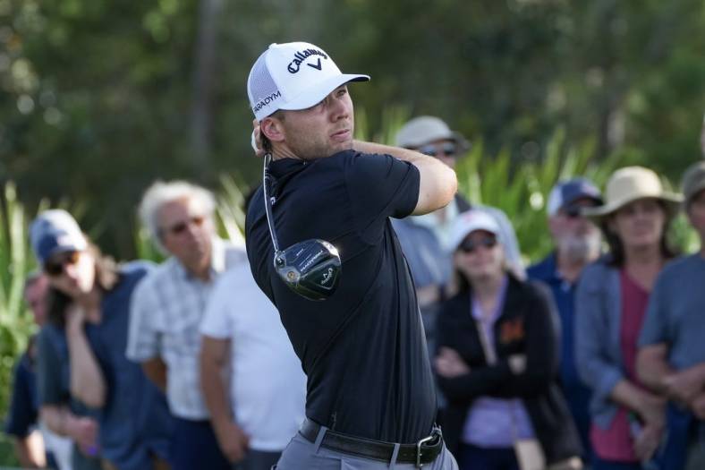 Mar 9, 2023; Ponte Vedra Beach, Florida, USA; Sam Burns plays from the 9th tee during the first round of THE PLAYERS Championship golf tournament. Mandatory Credit: David Yeazell-USA TODAY Sports