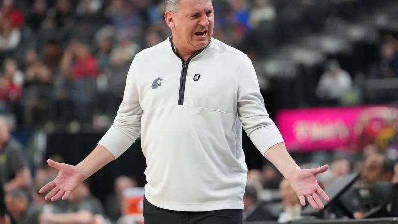 Mar 9, 2023; Las Vegas, NV, USA; Washington State Cougars head coach Kyle Smith reacts to a call in favor of the Oregon Ducks during the second half at T-Mobile Arena. Mandatory Credit: Stephen R. Sylvanie-USA TODAY Sports