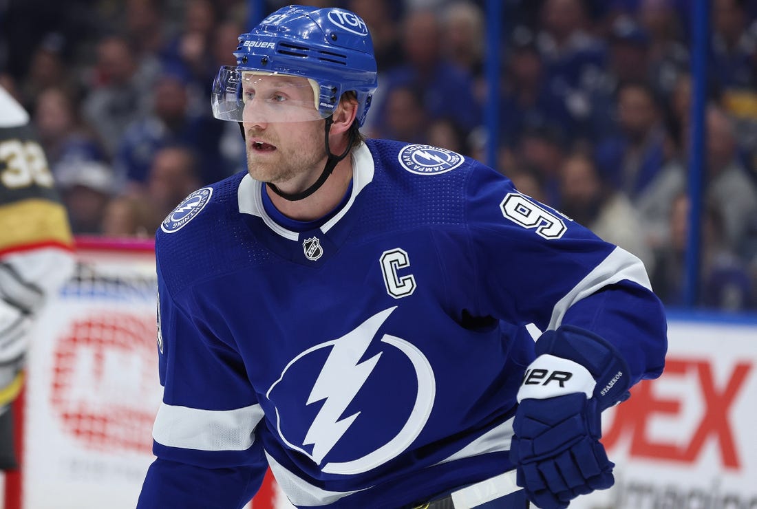 Mar 9, 2023; Tampa, Florida, USA; Tampa Bay Lightning center Steven Stamkos (91) skates against the Vegas Golden Knights during the third period at Amalie Arena. Mandatory Credit: Kim Klement-USA TODAY Sports