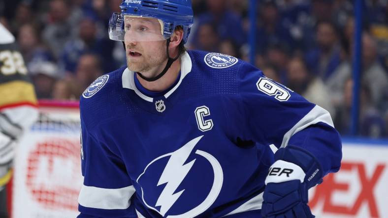 Mar 9, 2023; Tampa, Florida, USA; Tampa Bay Lightning center Steven Stamkos (91) skates against the Vegas Golden Knights during the third period at Amalie Arena. Mandatory Credit: Kim Klement-USA TODAY Sports