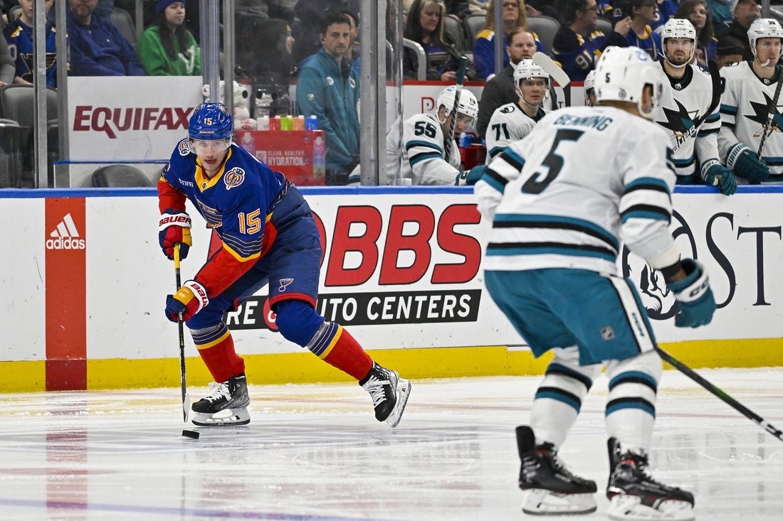 Mar 9, 2023; St. Louis, Missouri, USA;  St. Louis Blues left wing Jakub Vrana (15) controls the puck as San Jose Sharks defenseman Matt Benning (5) defends during the second period at Enterprise Center. Mandatory Credit: Jeff Curry-USA TODAY Sports