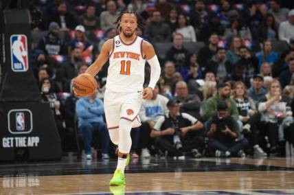 Mar 9, 2023; Sacramento, California, USA; New York Knicks guard Jalen Brunson (11) brings the ball up the court during the first quarter of the game against the Sacramento Kings at Golden 1 Center. Mandatory Credit: Ed Szczepanski-USA TODAY Sports
