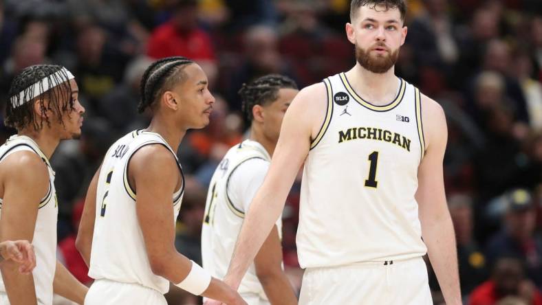 Michigan Wolverines center Hunter Dickinson (1) on the court during the final seconds of Big Ten tournament action against the Rutgers Scarlet Knights at United Center in Chicago on Thursday, March 9, 2023.

Michbig 030923 Kd2266 Sad Michigan basketball