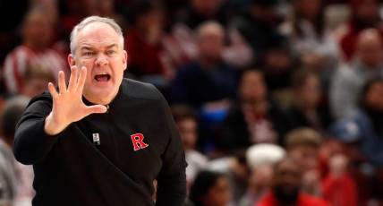 Rutgers Scarlet Knights head coach Steve Pikiell yells down court during the Big Ten Men   s Basketball Tournament game against the Purdue Boilermakers, Friday, March 10, 2023, at United Center in Chicago. Purdue Boilermakers won 70-65.

Purrut031023 Am14866