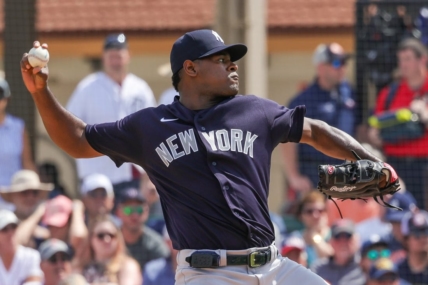 Mar 10, 2023; Lakeland, Florida, USA; New York Yankees starting pitcher Luis Severino (40) pitches during the first inning against the Detroit Tigers at Publix Field at Joker Marchant Stadium. Mandatory Credit: Mike Watters-USA TODAY Sports