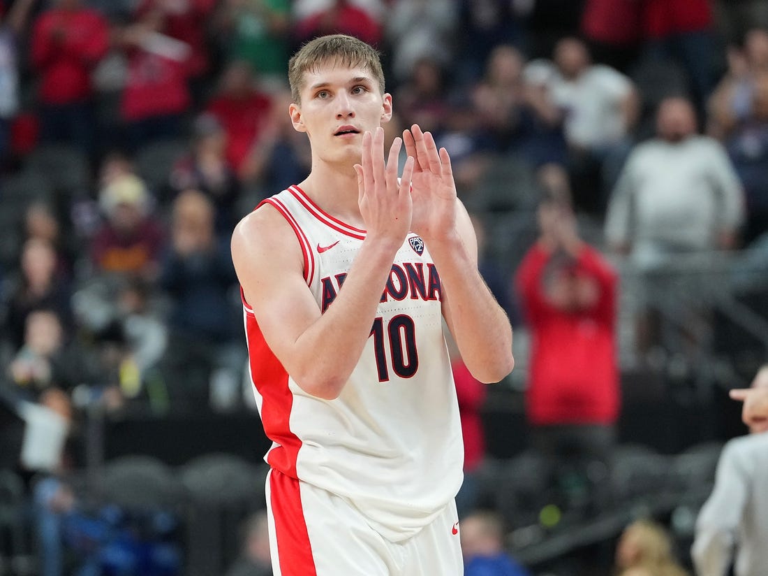 Mar 10, 2023; Las Vegas, NV, USA; Arizona Wildcats forward Azuolas Tubelis (10) applauds after the Wildcats defeated the Arizona State Sun Devils 78-59 at T-Mobile Arena. Mandatory Credit: Stephen R. Sylvanie-USA TODAY Sports