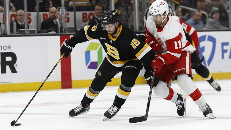 Mar 11, 2023; Boston, Massachusetts, USA; Boston Bruins center Pavel Zacha (18) tries to hold off Detroit Red Wings right wing Filip Zadina (11) during the first period at TD Garden. Mandatory Credit: Winslow Townson-USA TODAY Sports