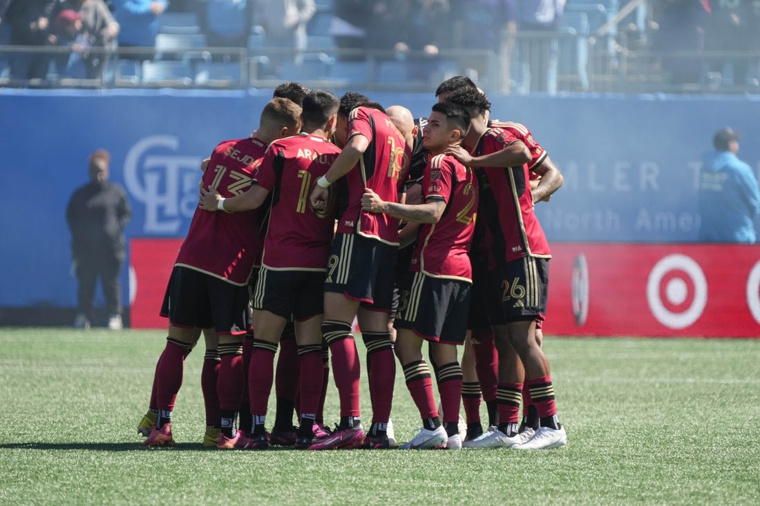 Mar 11, 2023; Charlotte, North Carolina, USA; Atlanta United huddle during the first half against the Charlotte FC at Bank of America Stadium. Mandatory Credit: Jim Dedmon-USA TODAY Sports