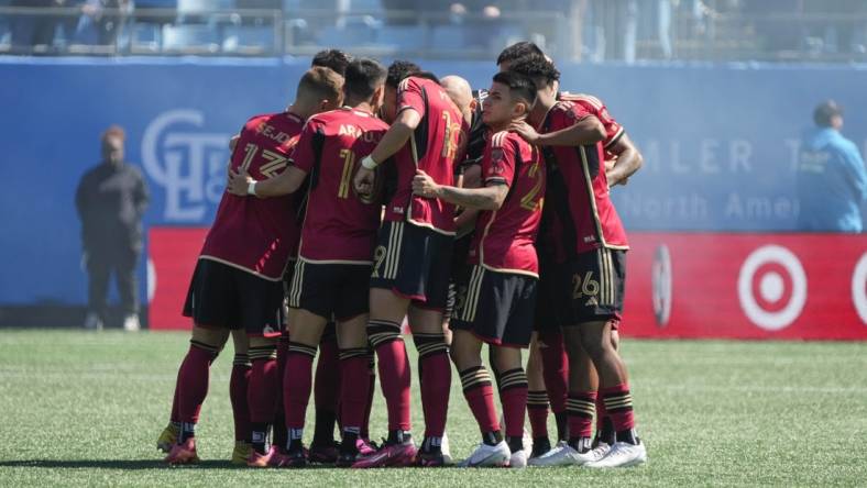 Mar 11, 2023; Charlotte, North Carolina, USA; Atlanta United huddle during the first half against the Charlotte FC at Bank of America Stadium. Mandatory Credit: Jim Dedmon-USA TODAY Sports