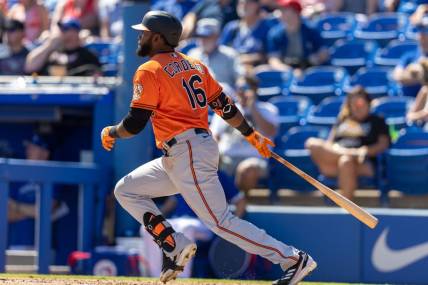 Mar 11, 2023; Dunedin, Florida, USA;  Baltimore Orioles right fielder Franchy Cordero (16) hits a two rbi double against the Toronto Blue Jays in the third inning during spring training at TD Ballpark. Mandatory Credit: Nathan Ray Seebeck-USA TODAY Sports