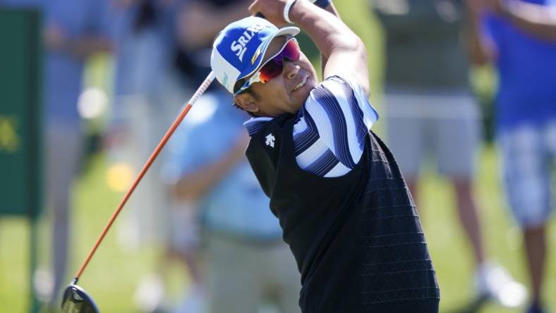 Mar 11, 2023; Ponte Vedra Beach, Florida, USA; Hideki Matsuyama plays from the 18th tee during the third round of THE PLAYERS Championship golf tournament. Mandatory Credit: David Yeazell-USA TODAY Sports