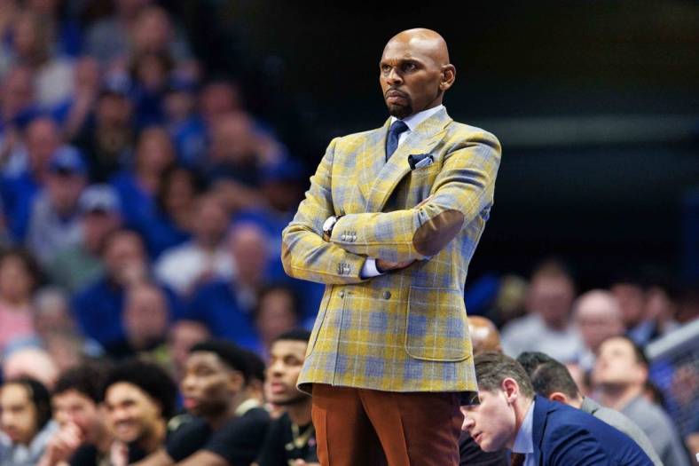 Mar 1, 2023; Lexington, Kentucky, USA; Vanderbilt Commodores head coach Jerry Stackhouse looks on during the second half against the Kentucky Wildcats at Rupp Arena at Central Bank Center. Mandatory Credit: Jordan Prather-USA TODAY Sports