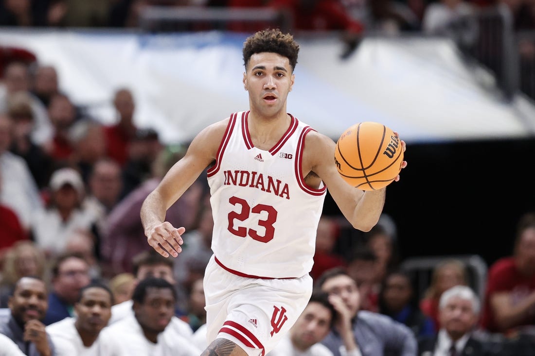 Mar 11, 2023; Chicago, IL, USA; Indiana Hoosiers forward Trayce Jackson-Davis (23) brings the ball up court against the Penn State Nittany Lions during the second half at United Center. Mandatory Credit: Kamil Krzaczynski-USA TODAY Sports