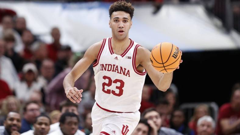 Mar 11, 2023; Chicago, IL, USA; Indiana Hoosiers forward Trayce Jackson-Davis (23) brings the ball up court against the Penn State Nittany Lions during the second half at United Center. Mandatory Credit: Kamil Krzaczynski-USA TODAY Sports