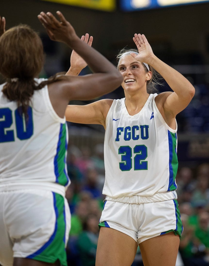 Emma List and Sha Carter of FGCU celebrate a shot against Liberty in the ASUN Women's Basketball Championship on Saturday, March 11, 2023, at Florida Gulf Coast University.

Fnp 031123 Ai Fgculiberty 012