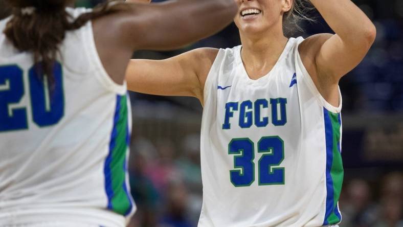 Emma List and Sha Carter of FGCU celebrate a shot against Liberty in the ASUN Women's Basketball Championship on Saturday, March 11, 2023, at Florida Gulf Coast University.

Fnp 031123 Ai Fgculiberty 012