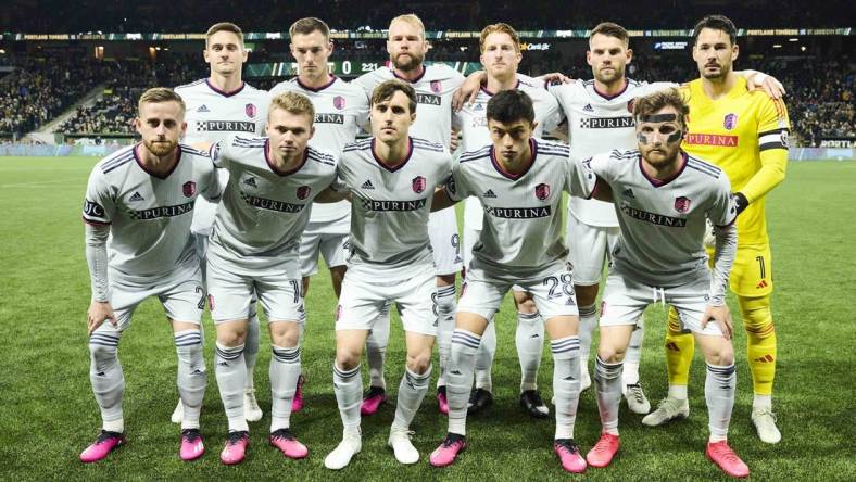 Mar 11, 2023; Portland, Oregon, USA; The starting eleven for St. Louis City before a game against the Portland Timbers at Providence Park. Mandatory Credit: Troy Wayrynen-USA TODAY Sports