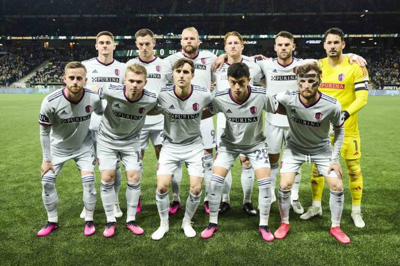Mar 11, 2023; Portland, Oregon, USA; The starting eleven for St. Louis City before a game against the Portland Timbers at Providence Park. Mandatory Credit: Troy Wayrynen-USA TODAY Sports