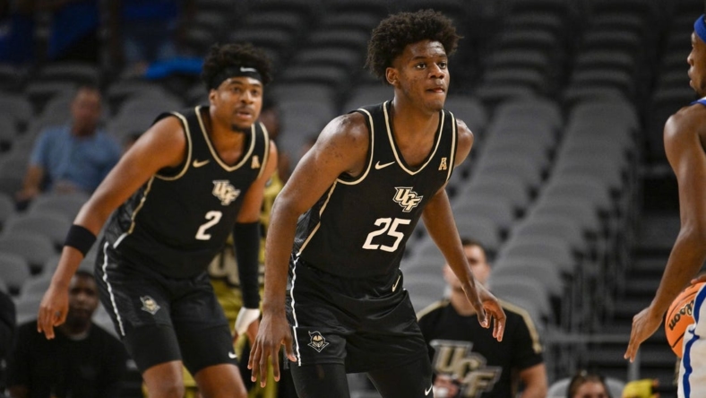 Mar 10, 2023; Fort Worth, TX, USA; UCF Knights forward Taylor Hendricks (25) in action during the game between the UCF Knights and the Memphis Tigers at Dickies Arena. Mandatory Credit: Jerome Miron-USA TODAY Sports