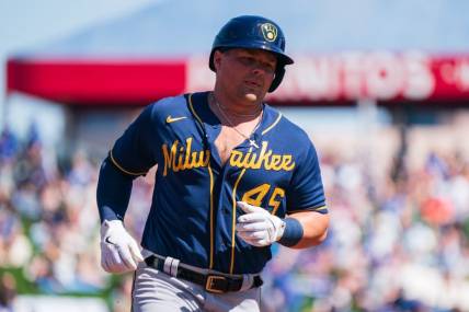 Mar 12, 2023; Mesa, Arizona, USA; Milwaukee Brewers infielder Luke Voit (45) trots around the bases after a home run in the second inning during a spring training game against the Chicago Cubs at Sloan Park. Mandatory Credit: Allan Henry-USA TODAY Sports